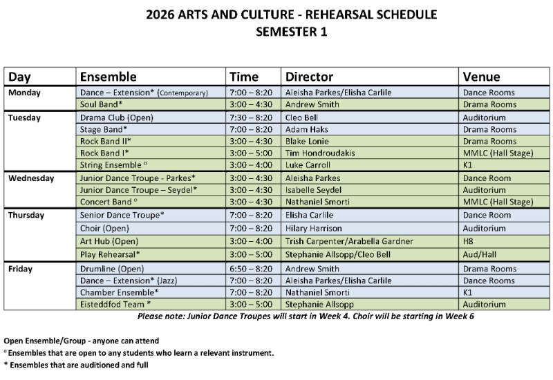 Semester 1 rehearsal schedule