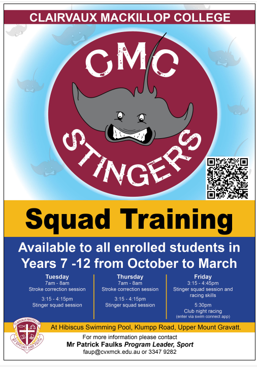 Squad training poster. Available to all enrolled students in Year 7 - 12